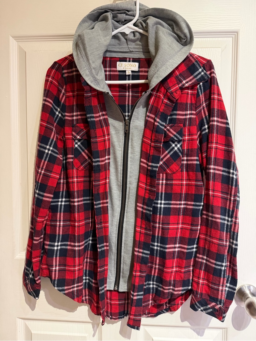 90s grunge 2 in 1 jacket -Ci Sono Red and Navy Plaid Hooded Layered Jacket